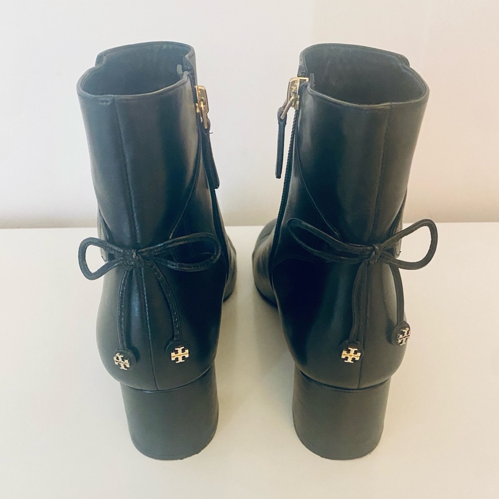 Tory Burch Black Leather Ankle Booties with Back Bow & Gold Logo Accents